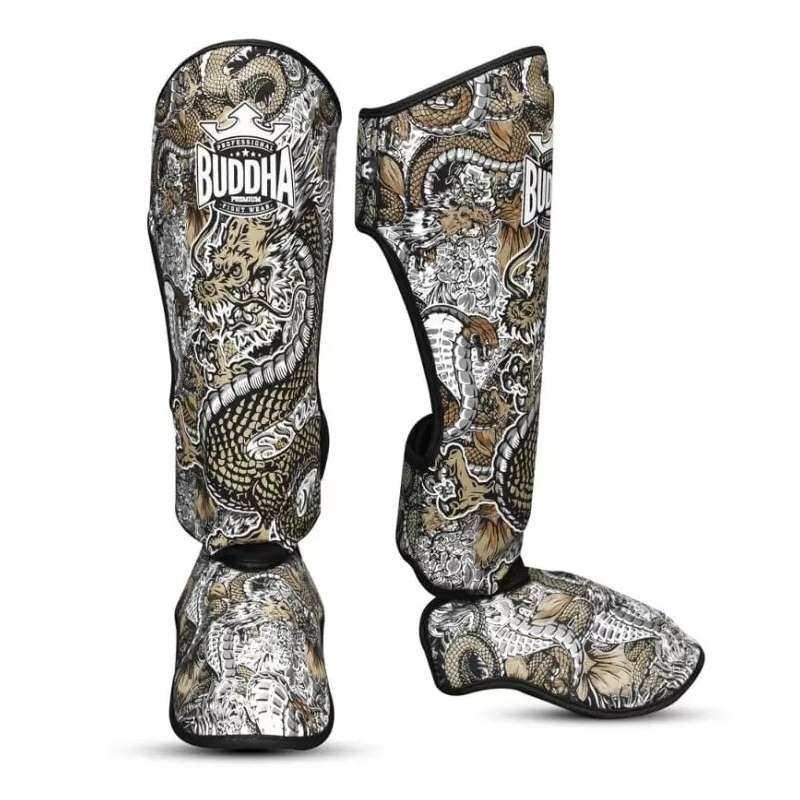 Buddha muay thai Dragon shin guards white