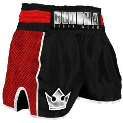 Buddha retro premium muay thai shorts (black/red)